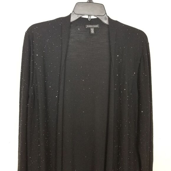 Eileen Fisher 100% Merino Wool Sparkle Open Front Cardigan Sz L Black Lagenlook - Picture 2 of 8